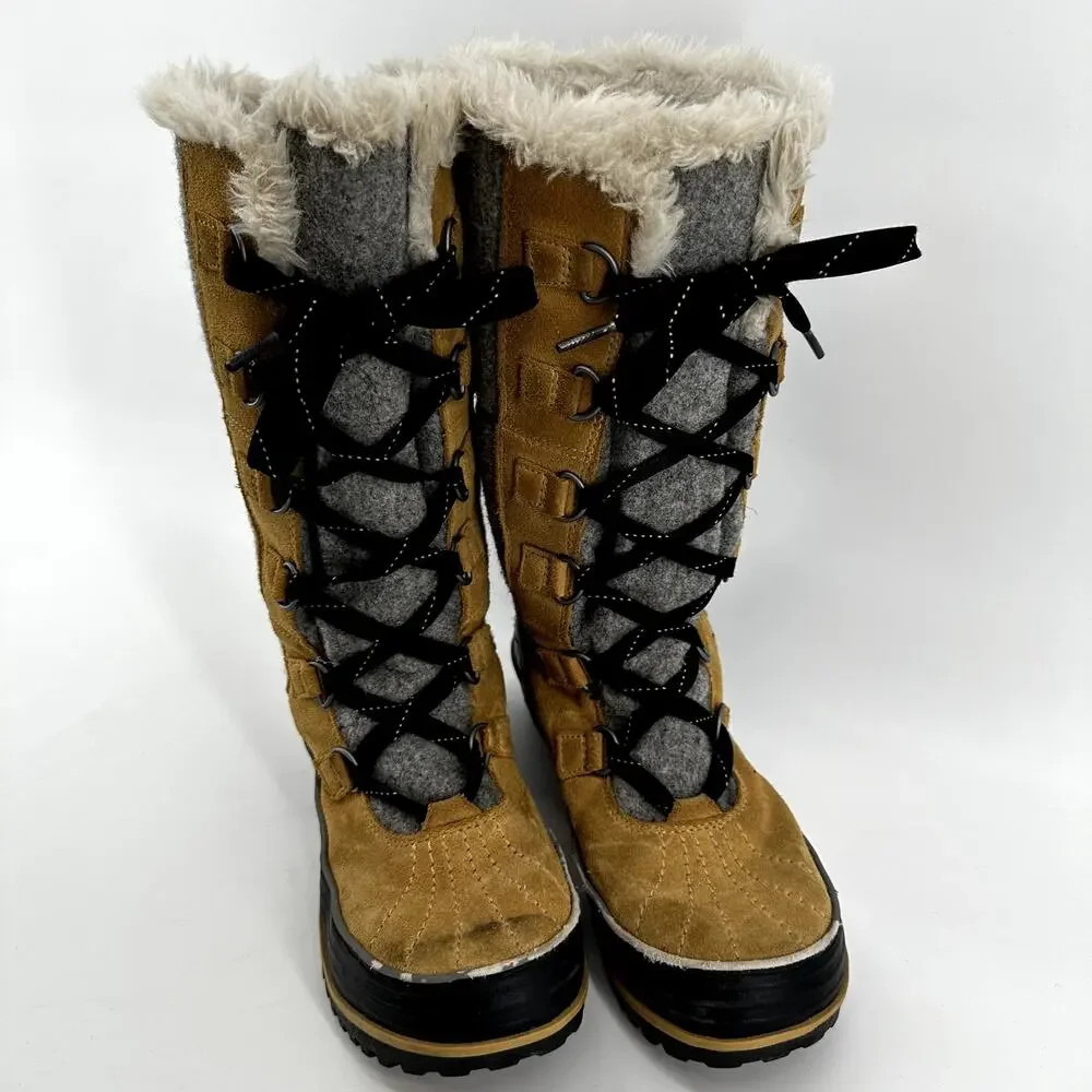 Sorel Tivoli High II Boots Suede Snow Lace Up Faux Fux Waterproof Curry Gray 9